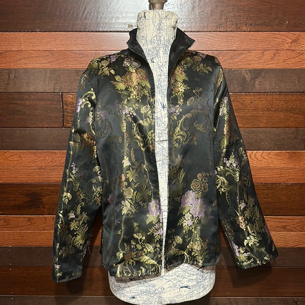 Vintage Resort Wear Open Front Long Sleeve Shiny Embroidered Black Floral Blazer